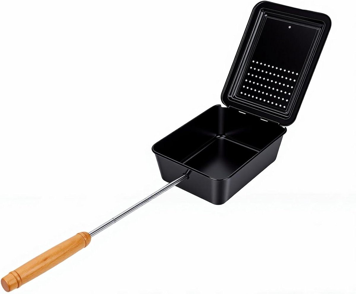 Kampvuur Popcorn Popper - Ouderwetse Popcorn Maker - Popcorn Maken - Verlengd Houten Handvat - 25 cm - Zwart