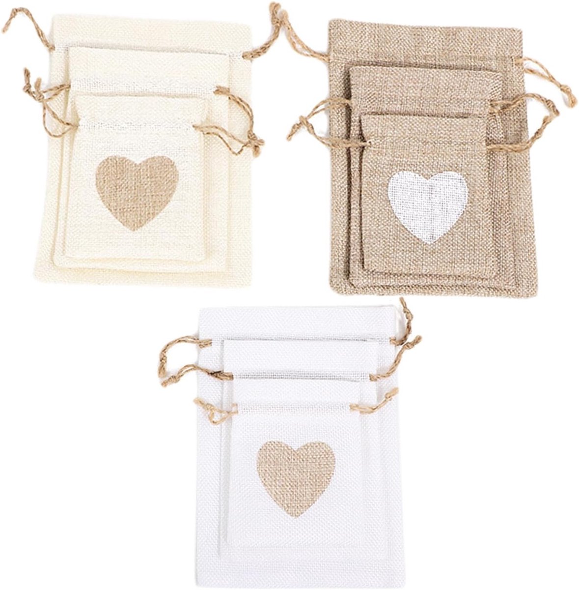 Jute Tassen in 3 Maten, 9 Stuks, Linnen met Trekkoord, Kleine Cadeautassen voor Kinderfeestjes, DIY Geschenken en Trouwen - Beige en Wit