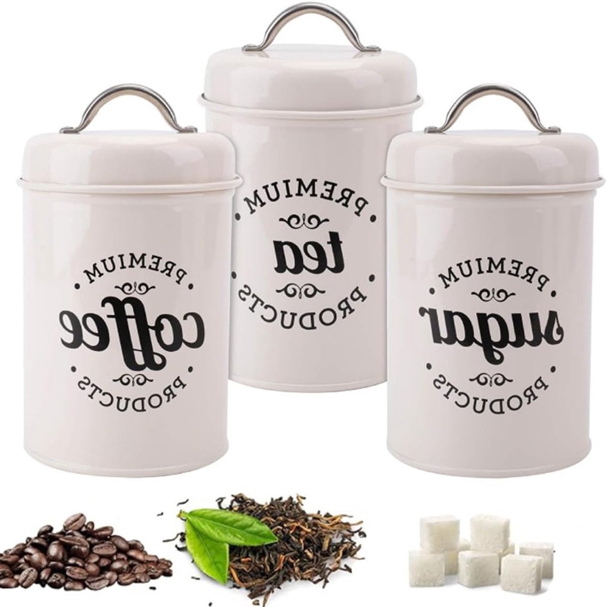 Set van 3 luchtdichte keukencontainers met deksels voor koffie, thee en suiker - metalen opbergblikken voor voedselopslag en decoratie in de keuken