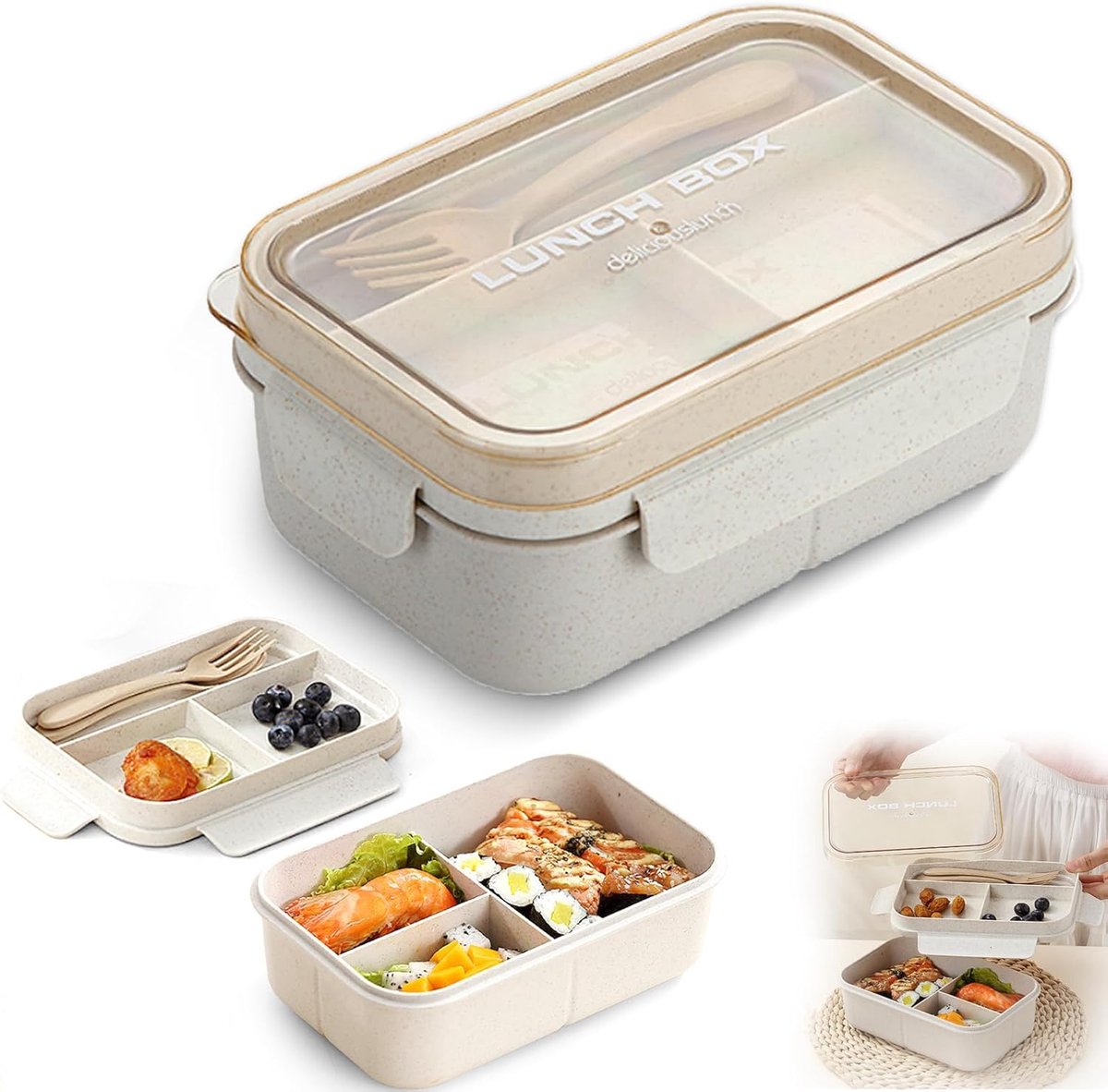 VHV-Bento-box met 5 vakken — Lekvrije lunchbox van 1200 ml — Inclusief bestek — Geschikt voor kinderen en volwassenen — Magnetron- en vaatwasserbestendig — Ideaal voor thuis, school en kantoor — Beige