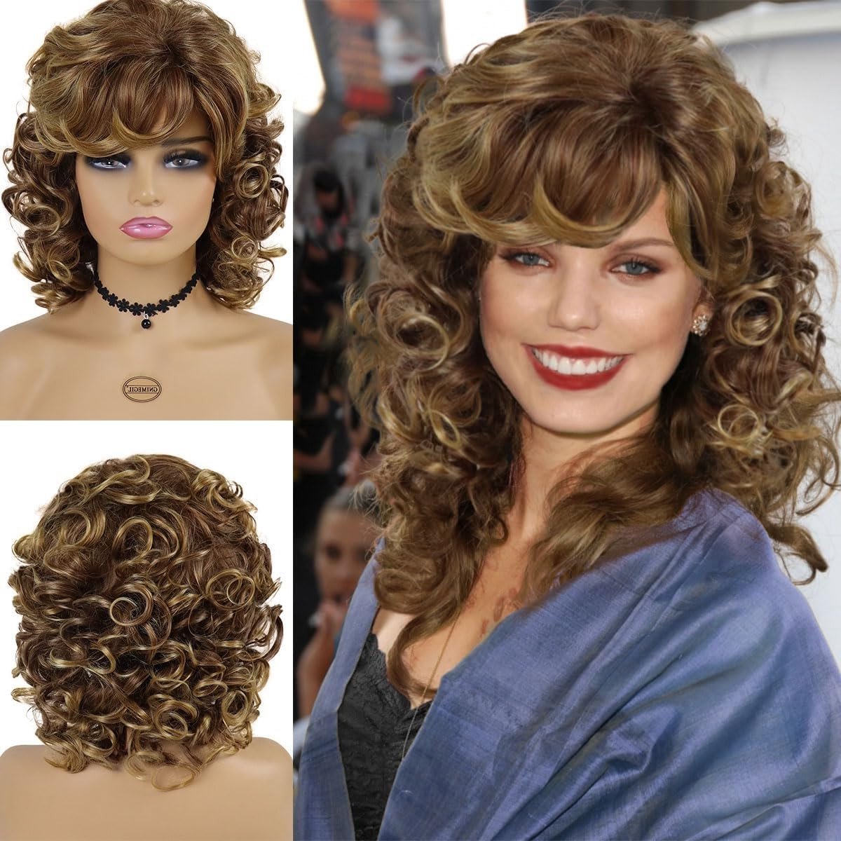 Schouderlange Bruin-Blonde Krullende Peruk voor Vrouwen - Dagelijks Gebruik, Vintage en Halloween Cosplay Accessoire