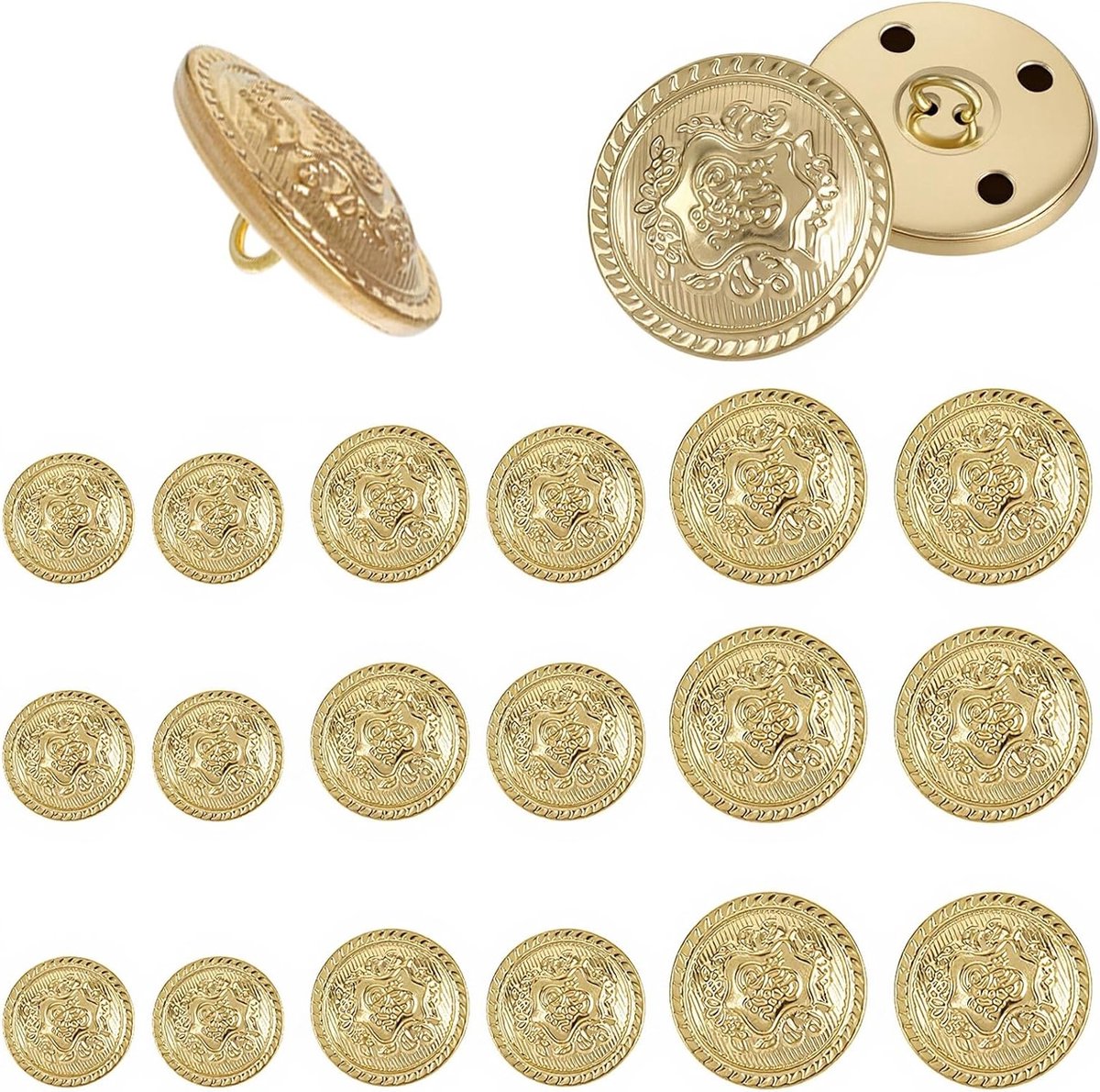 Vintage metalen blazerspeldenset van 18 stuks - Decoratieve gouden knopen voor kostuums, uniformen en modeaccessoires - 18mm, 20mm, 25mm