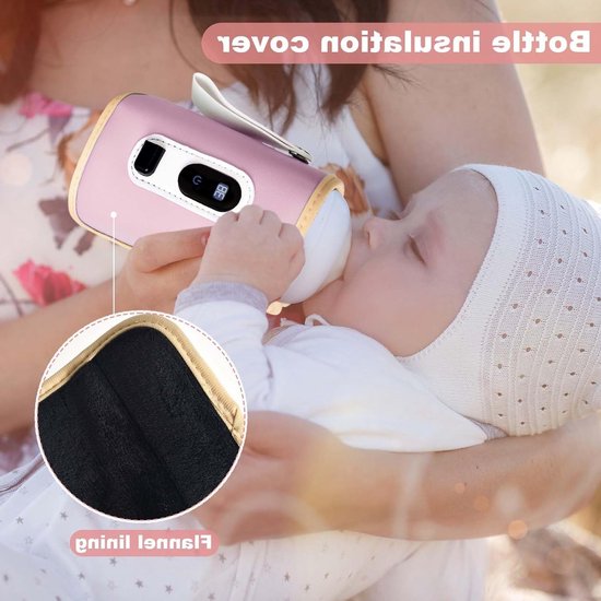 Draagbare Flessenwarmer voor Baby met LCD Scherm, Ideaal voor Warmhouden van Voeding, 5 Instelbare Temperatuurstanden (38-55°C) en Handige Tas voor Buitenactiviteiten (Roze) — afbeelding 2