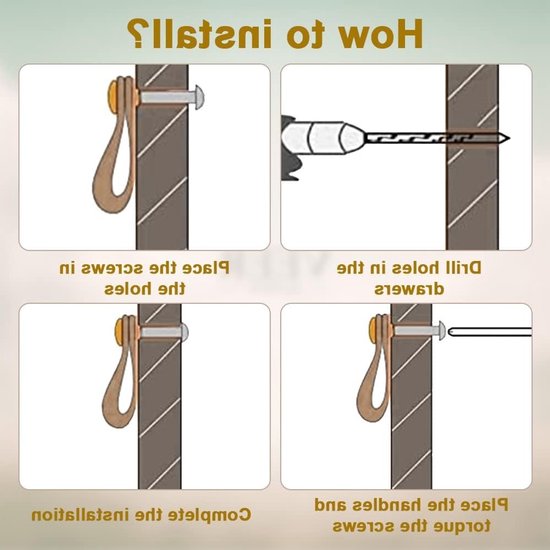 Installatie-instructies: Boor een gat, plaats schroef, bevestig lus, voltooi installatie.