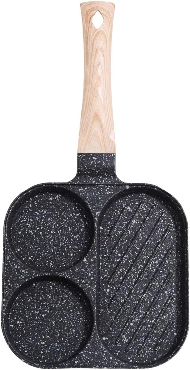 Eierpan met 3 vakken - Omeletpan Pannenkoekenpan - Ontbijt Bereiden - Antiaanbaklaag - 36.5 x 18.5 cm - Zwart