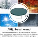 Collage van seizoenen rond een ronde groene trampolinehoes: winter, herfst, zomer en regen.