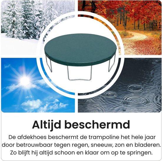 Collage van seizoenen rond een ronde groene trampolinehoes: winter, herfst, zomer en regen.
