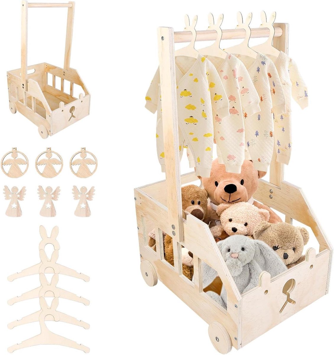 Baby opbergmand - Houten mand - Babykamer organiseren - Inclusief hangers - 35 x 25 x 56 cm - Natuurlijk hout