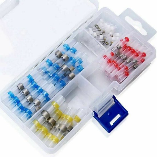 Opbergdoos met gesorteerde krimpkousen in de kleuren blauw, geel, rood en wit.