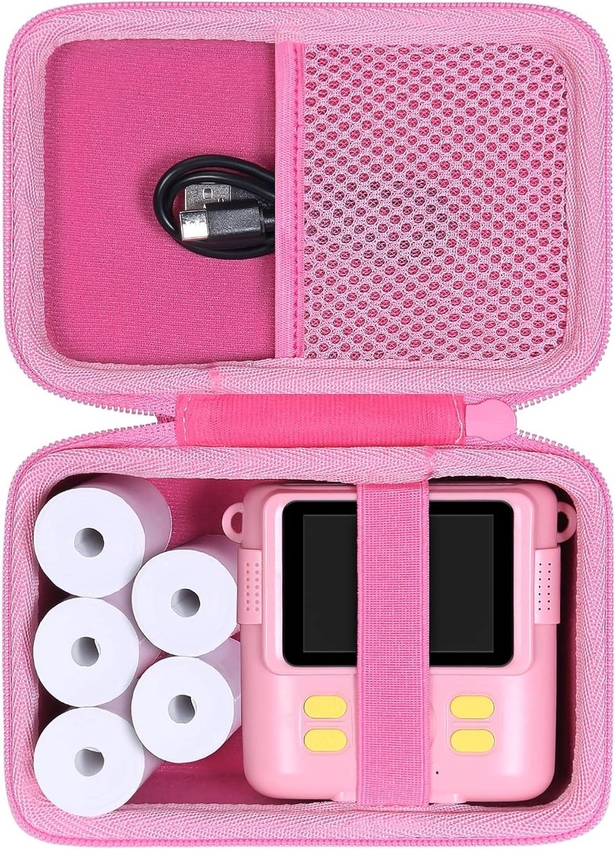 Harde beschermcase voor kindercamera's met fotopapier en kleurpotloden, roze, 6.5 * 4.3 * 3", ideaal voor kinderen en creatieve activiteiten