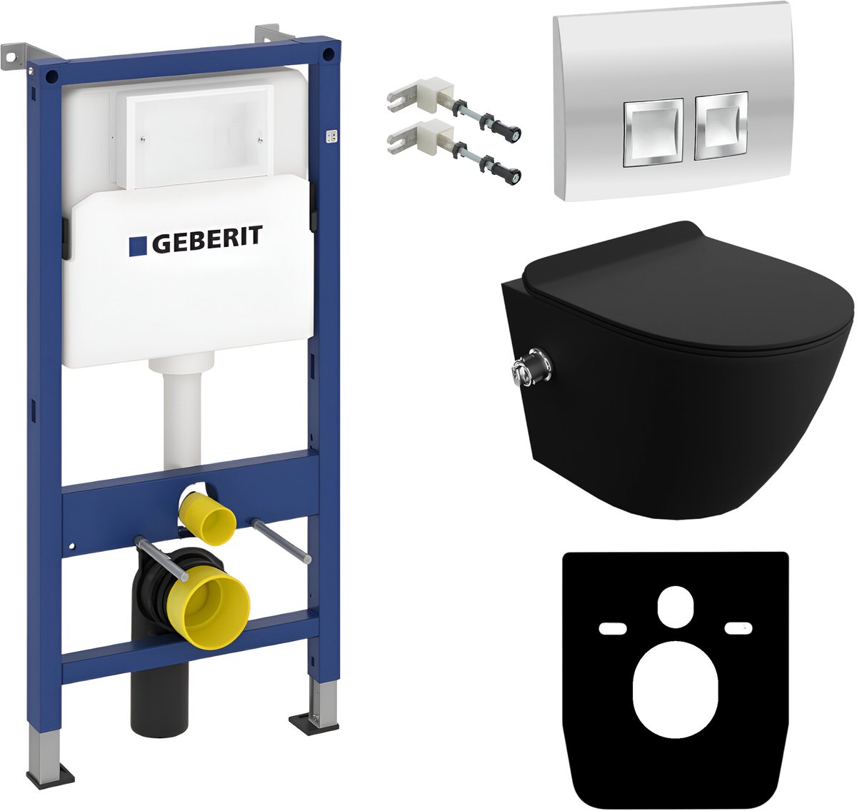 Inbouwreservoir Complete Toiletset Geberit Duofix Basic - Inbouw WC Hangtoilet Wandcloset SALTO BLACK Zwart Mat - Bedieningsplaat DELTA Chroom Vierkant - Voorwandelement - Installatiesysteem