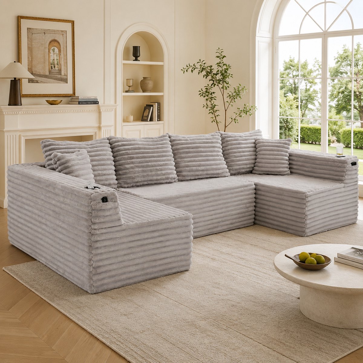 Zubaliya Moderne Hoekbank, U-Bank, 4-Zitsbank, U-vormige Corduroy Bank met Bekerhouders en Zijvakken, Verende Vulling, 4 Rugkussens en 2 Sierkussens, Ergonomisch Ontworpen voor Comfortabel Langdurig Zitten-Lichtgrijs