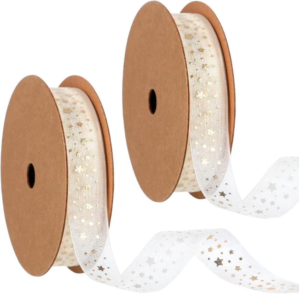 Gouden Satijnen Lint met Sterrenpatroon - 2 Rollen van 1,5 cm en 10 Yards voor Creatieve Projecten, Cadeauverpakking en Bruiloften