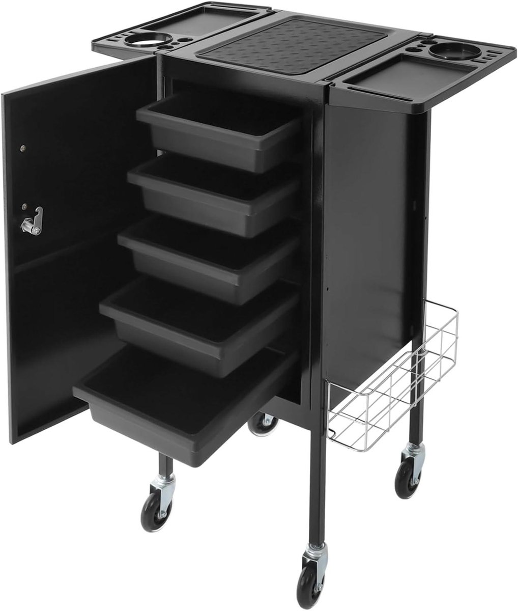 Salon Trolley - Roller Kar - Gereedschap Opbergen - Met 5 Laden - 36x34x89 cm - Zwart