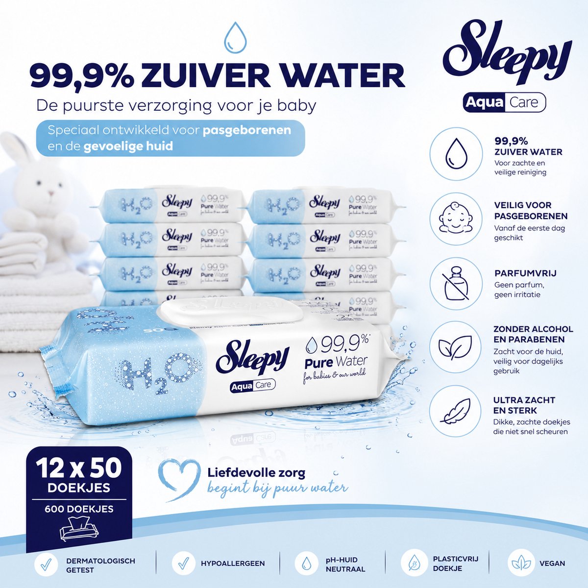 Sleepy Aqua Care Pure Water Babydoekjes – 99,9% Water – Parfumvrij & Alcoholvrij – 12 x 50 – 600 Billendoekjes
