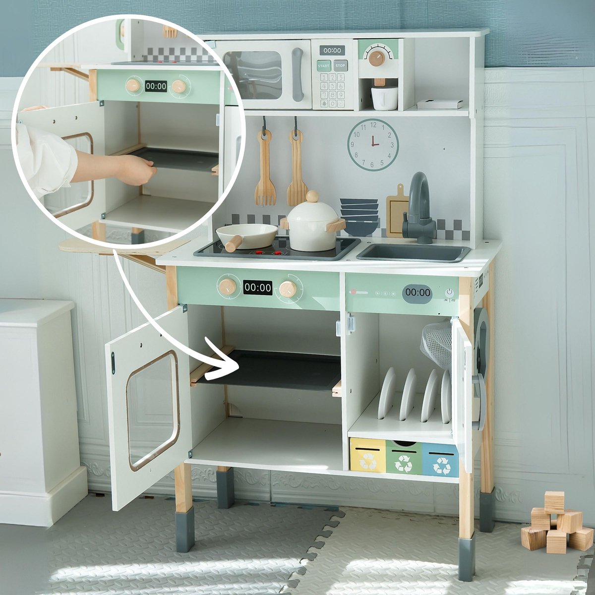 Mamabrum Houten Speelkeuken met Wasmachine, Vaatwasser en Schoolbord – Interactieve Kinderkeuken met Licht & Geluid – Verstelbare Hoogte – Inclusief Accessoires — afbeelding 10