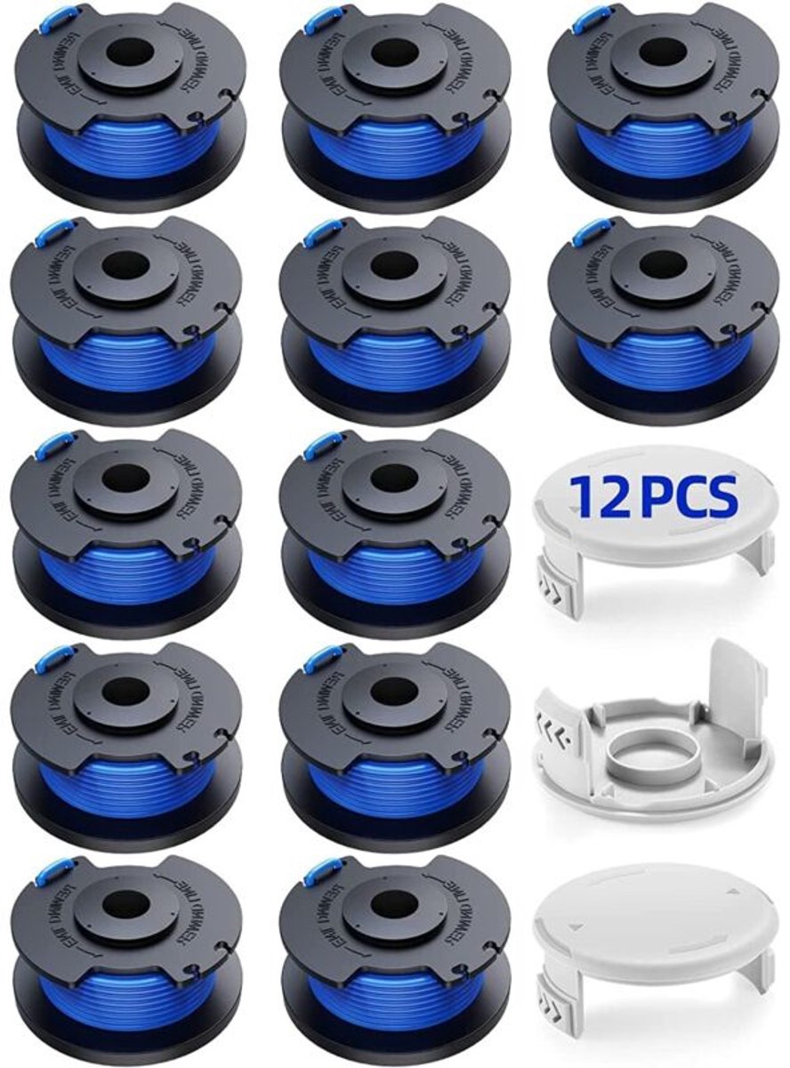 15 vervangende spoelen geschikt voor Ryobi One+ AC14RL3A grasmaaiers, 18V 24V 40V, Ø 1,65 mm, 3,4 m lang (inclusief 12 spoelen en 3 afdekkapjes).
