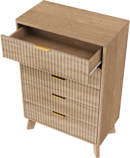 Ladekast van hout met open bovenste lade, gouden handgrepen en golvend front.