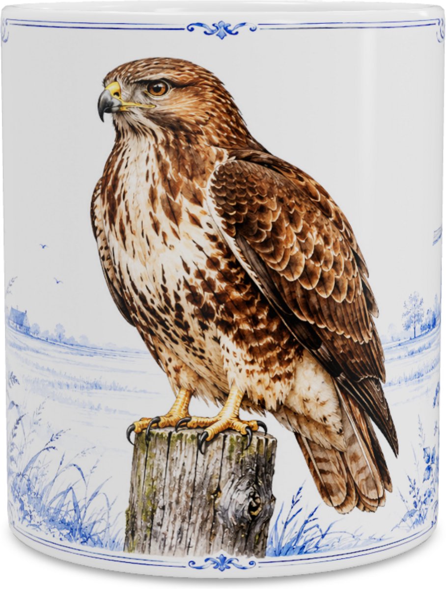 Mok Buizerd (Buteo buteo) - Delfts Blauw Design - Cadeau voor Vogelliefhebber