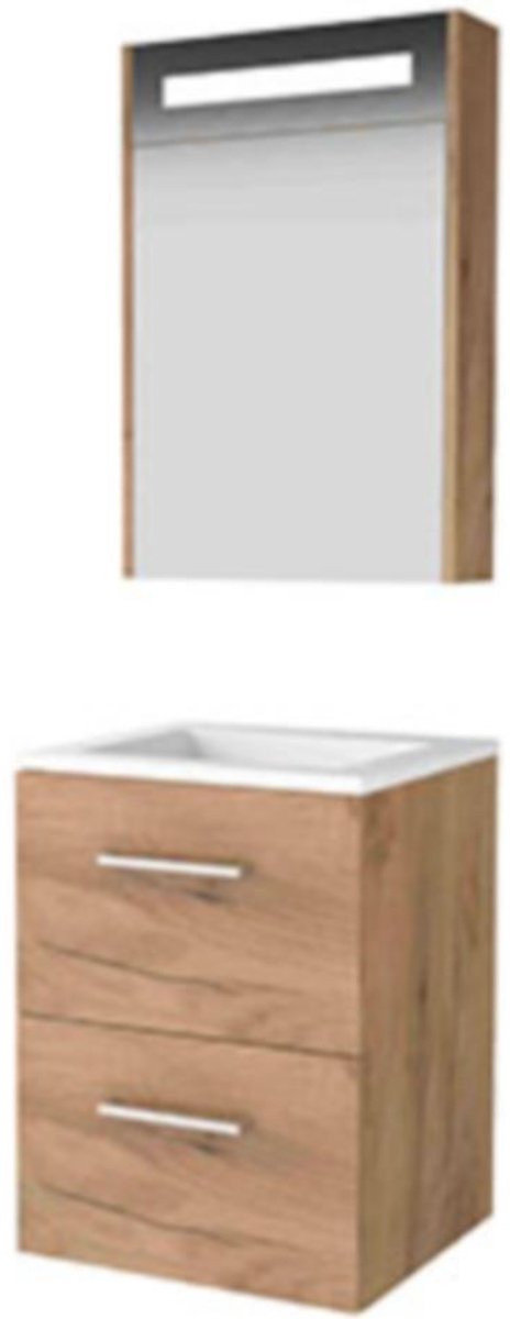Basic-Line Premium 46 Badkamermeubelset - 50 x 46 cm - Met Grepen - 2 Lades - Acryl Wastafel - Zonder Kraangat - Spiegelkast met LED Verlichting - Whisky Oak