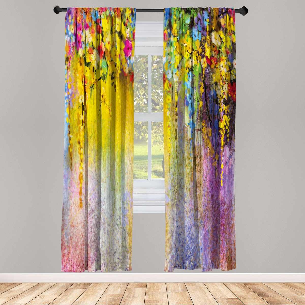 ABAKUHAUS Bloemengordijnen, Set van 2 Panelen voor Woonkamer en Slaapkamer, 150 x 225 cm, Geel Lila
