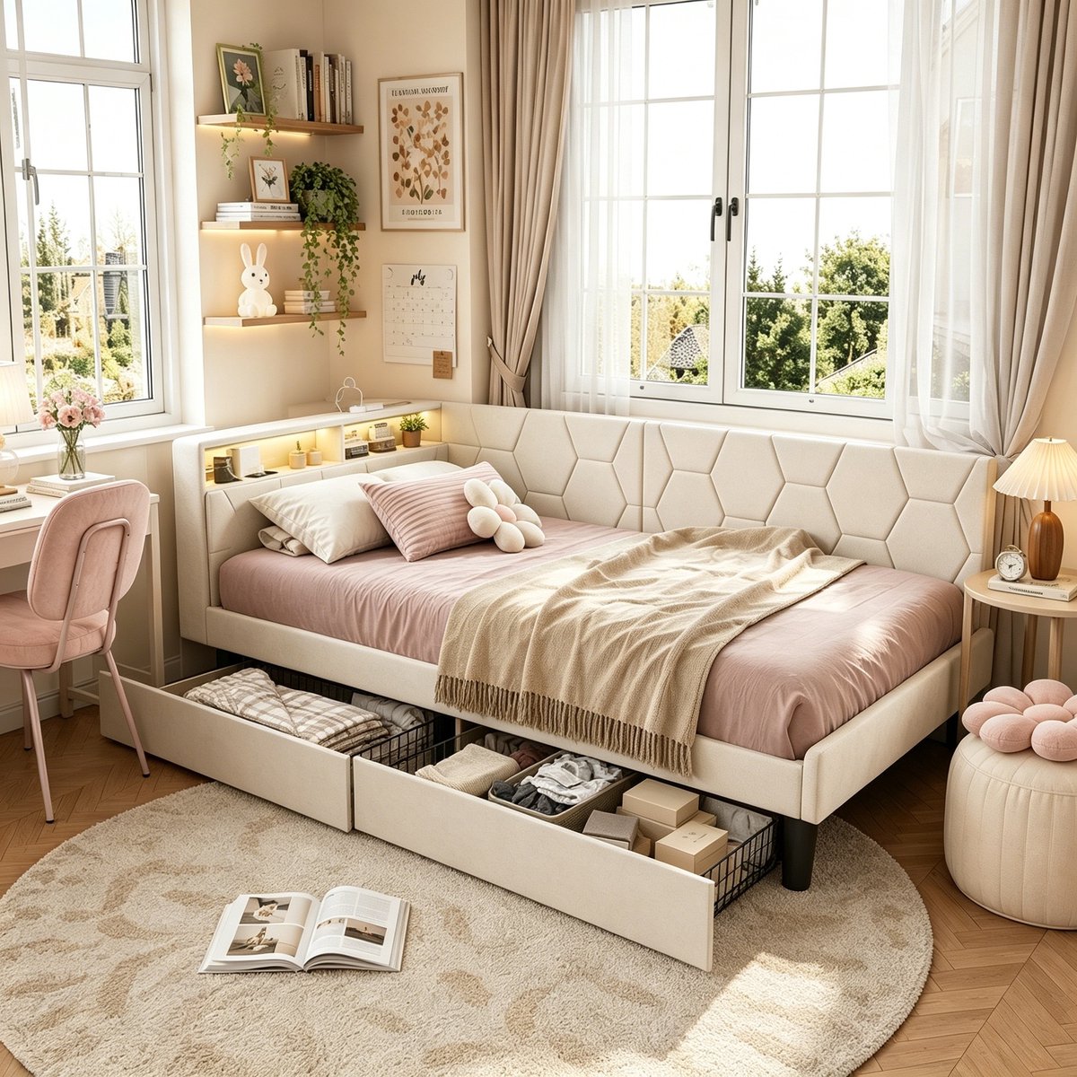 MEXUS Opbergbed 90x200cm, met ledverlichting en usb-poort, eenpersoonsbed met twee lades, slaapbank met lattenbodem, bed 200x90, fluweel, Beige