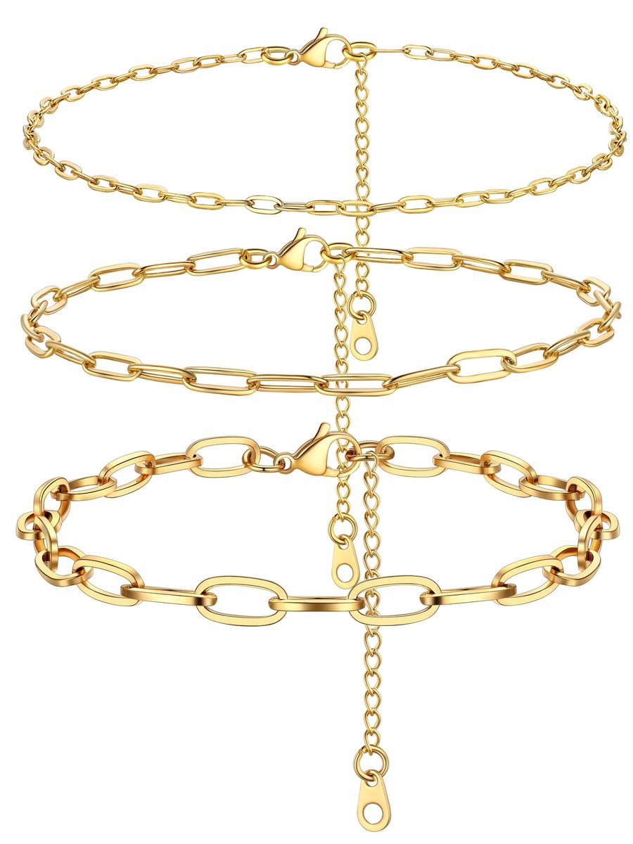 PROSTEEL 3-delige Gouden Enkelband voor Dames - Paper Clip Design, 22cm, 2mm, 3mm, 6mm