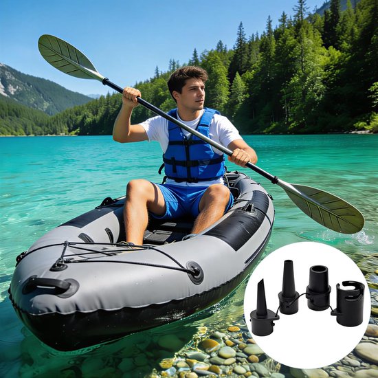 Opblaasbare adapter set - Luchtventiel mondstukken - Watersport accessoires - 4 multifunctionele stuks - Compact formaat - Zwart van Merkloos — afbeelding 2