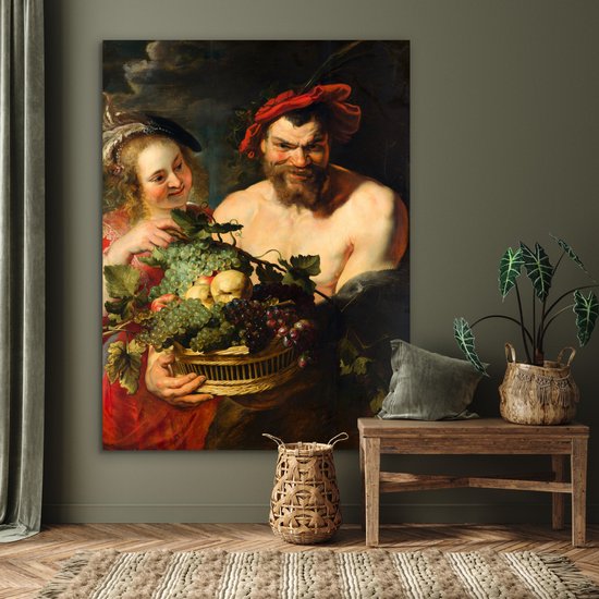 Nymphe et satyre - Peinture de Peter Paul Rubens Aluminium 120x160 cm - Tirage photo sur Aluminium (décoration murale métal) XXL / Groot format!