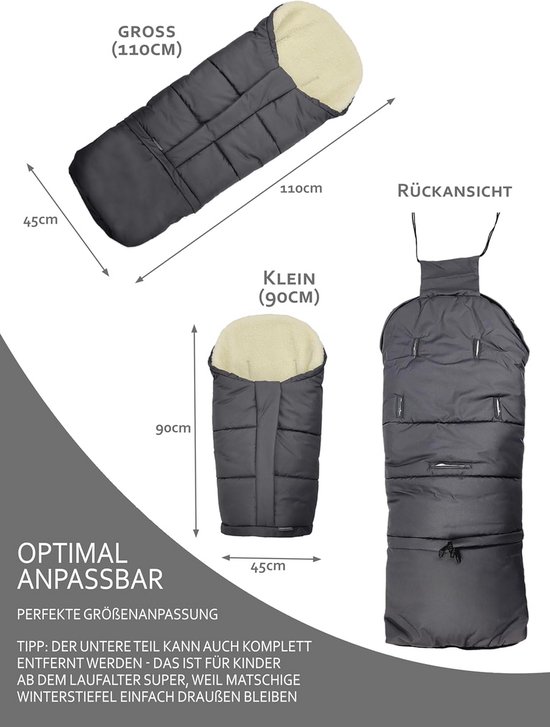 Voetenzak, wintervoetenzak voor kinderwagen, buggy, slee, knuffelzak, universeel, in mummievorm, met lamswol, maat aanpasbaar, warm, met ritssluiting, wasbaar, donkergrijs — afbeelding 4