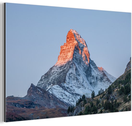 Aluminium schilderij 90x60 cm - Wanddecoratie metaal - De Matterhorn in Zwitserland bij zonsopkomst - Metalen muurdecoratie woonkamer - Decoratie industrieel - Foto op dibond - Industriële accessoires slaapkamer