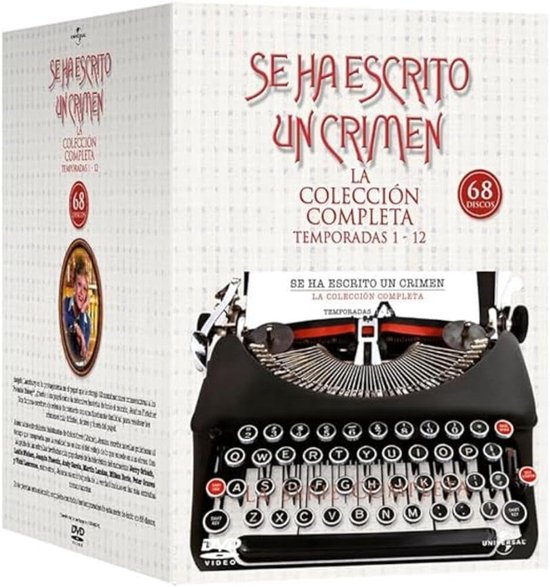 DVD-box met typemachine en tekst "SE HA ESCRITO UN CRIMEN LA COLECCIÓN COMPLETA TEMPORADAS 1 - 12". Zijkant met een foto van Angela Lansbury.