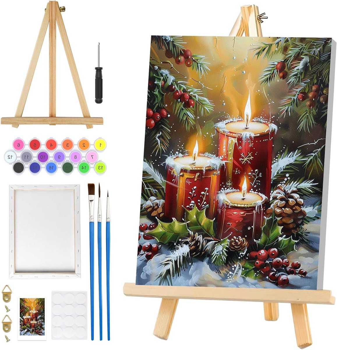 Kerst Schilderen op Nummer voor Volwassenen met Frame en Easel, DIY Olieverf Kits voor Thuisdecoratie, Creatieve Activiteit voor Beginners, 20 x
