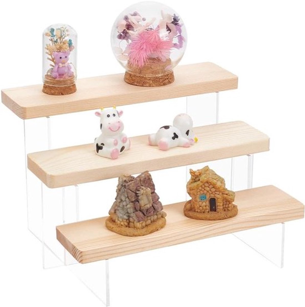Houten Acryl Display Stand 3-Tier Rustiek - Figuren Parfum Nagellak Cupcake Display