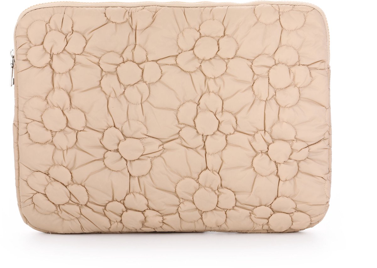 Gevoerde Laptophoes met Reliëf Bloemenpatroon – Schokbestendige Laptop Sleeve – Modieuze Beschermhoes met Puffer-Effect en Ritssluiting - Beige