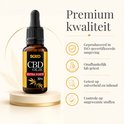 Bruine fles CBD Olie Extra Forte 30% met zwarte druppelaar, naast pictogrammen die premium kwaliteit weergeven.