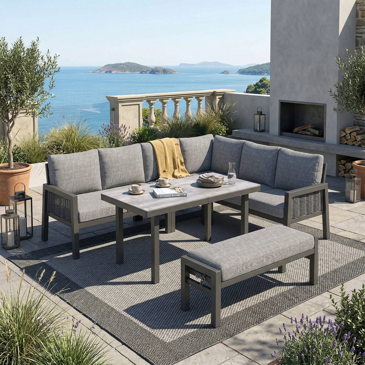 Buitenmeubelset, Hoekbank Tuinset, Tuinmeubilair Terrasmeubelset, Eethoek, 8 Personen, Hoekopstelling, Gegalvaniseerd Ijzer, Glazen Tafelblad, Handgemaakt Gevlochten PE-touw, Inclusief Eettafels, Banken en Sofa's-Grijs