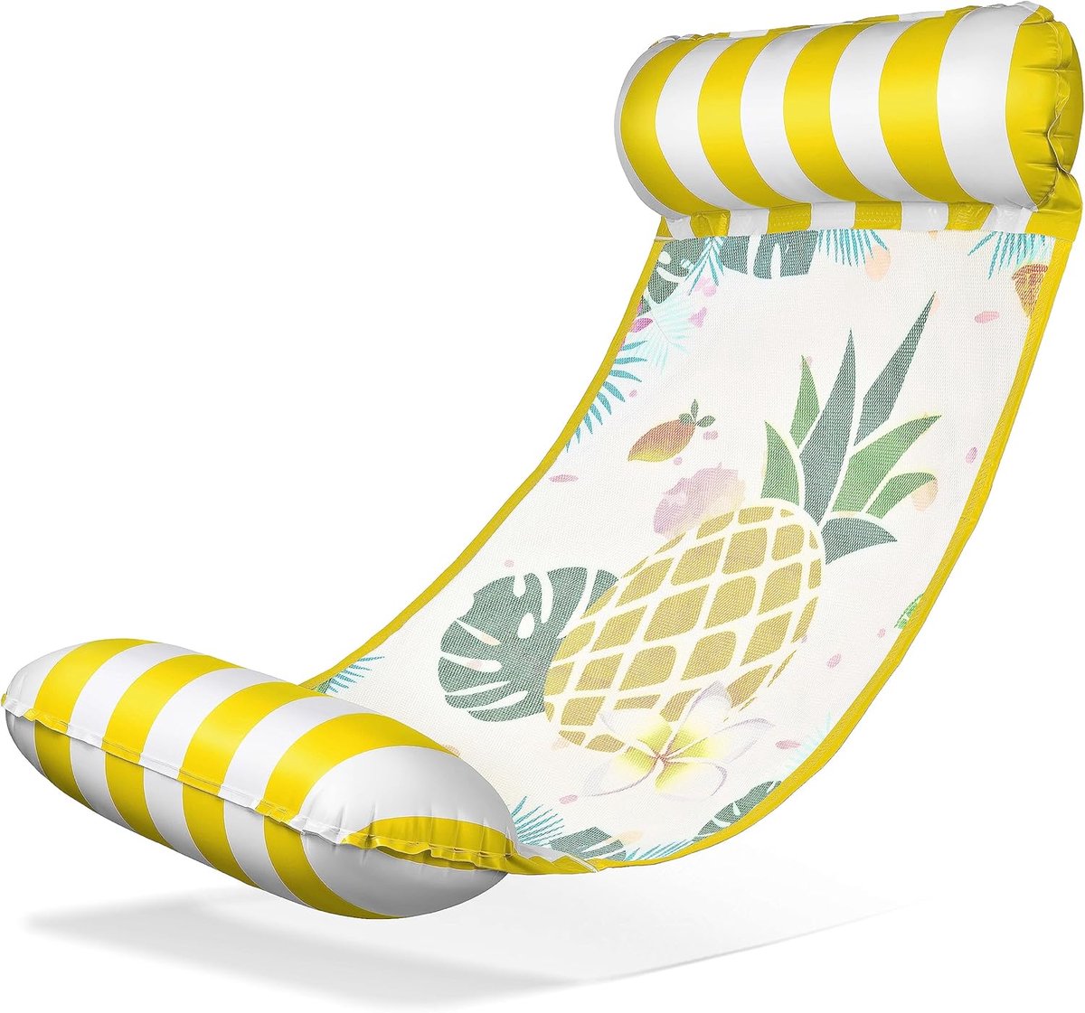 Geel-Wit Gestreepte Ananas Waterlounge (130×70cm) – Comfortabele Drijfmat met Verkoelend Net en Tropische Print, Perfect voor Zwembad en Meer