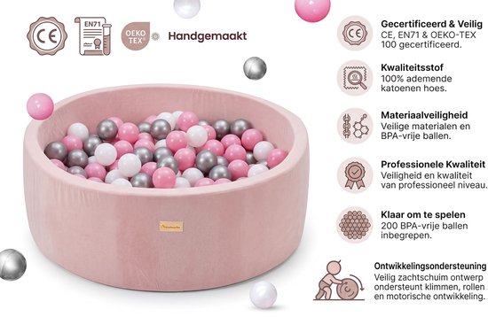 Ballenbak Baby Roze - Speelgoed 1 jaar, 2 jaar, 3 jaar - Ballenbad 100% KATOEN - Ballenbakken - Kidsdouche - BPA vrije ballen 250 stuks Ø 7 cm - Roze, Zilver, Parelmoer van Merkloos — afbeelding 4