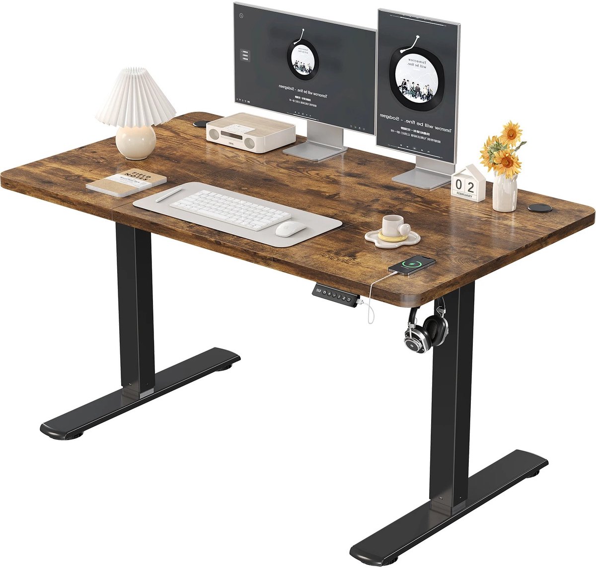 Velmio Zit Sta Bureau - Verstelbaar Bureau - Elektrische Bediening - 120x60 cm - Met USB poort - Zwart/Bruin - Hout Bruin/Zwart
