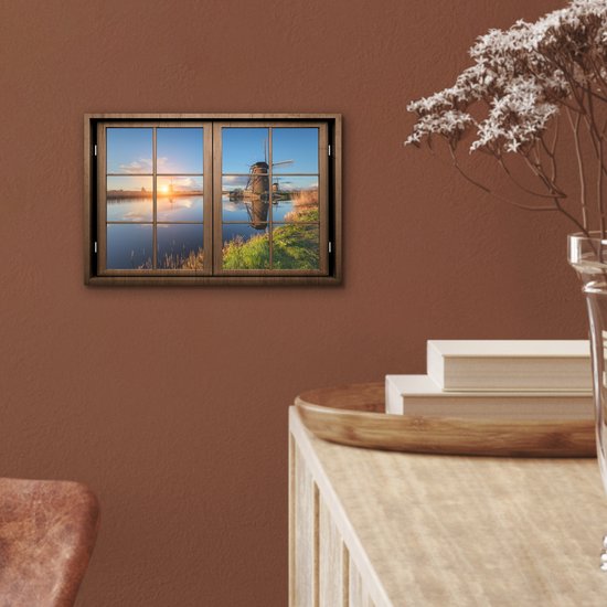 Aluminium schilderij 30x20 cm - Wanddecoratie metaal - Doorkijk - Molen - Zonsondergang - Metalen muurdecoratie woonkamer - Decoratie industrieel - Foto op dibond - Industriële accessoires slaapkamer