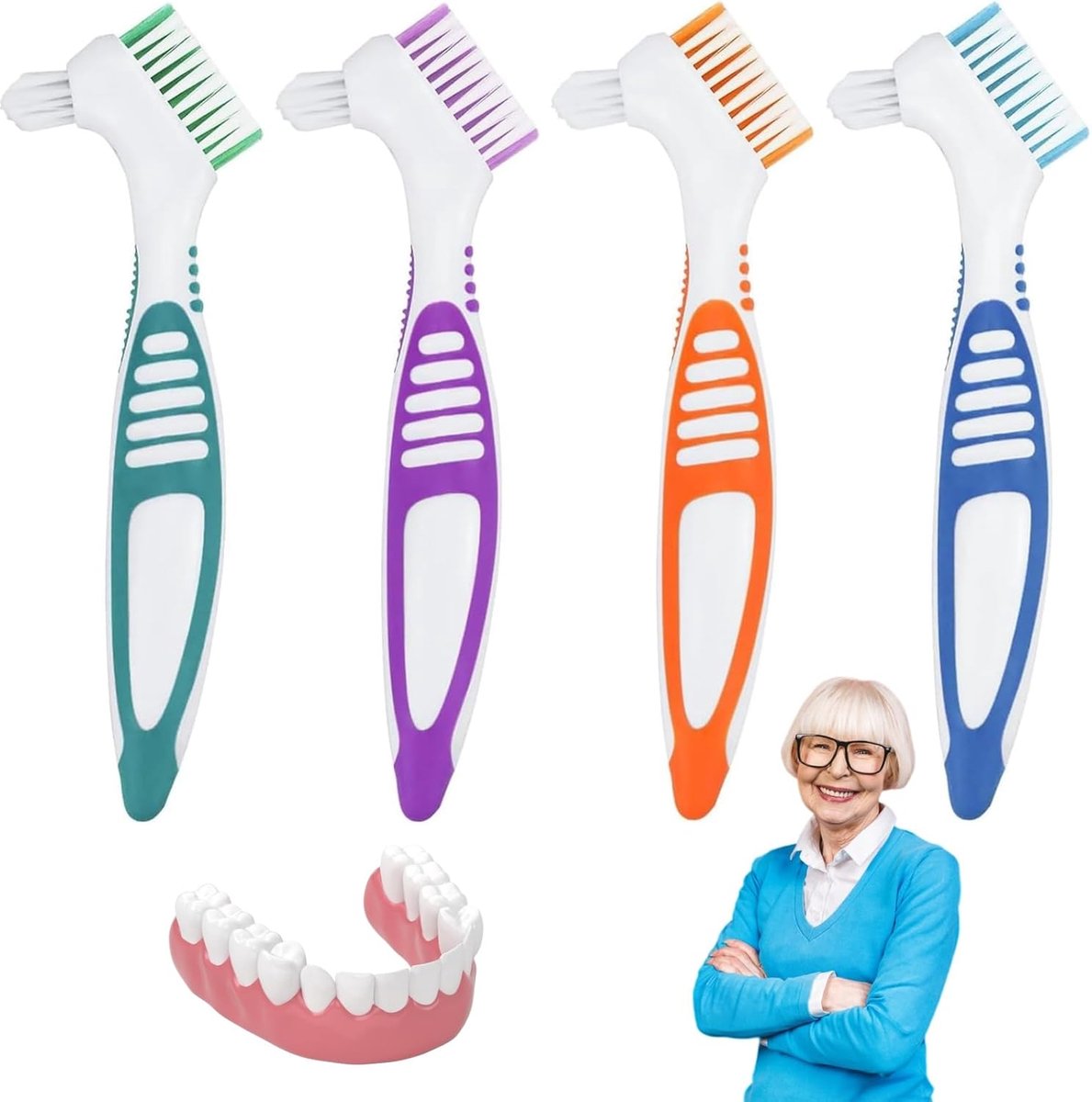 Prothesentandenborstel set (4 stuks) met dubbele borstelkop voor superieure reiniging