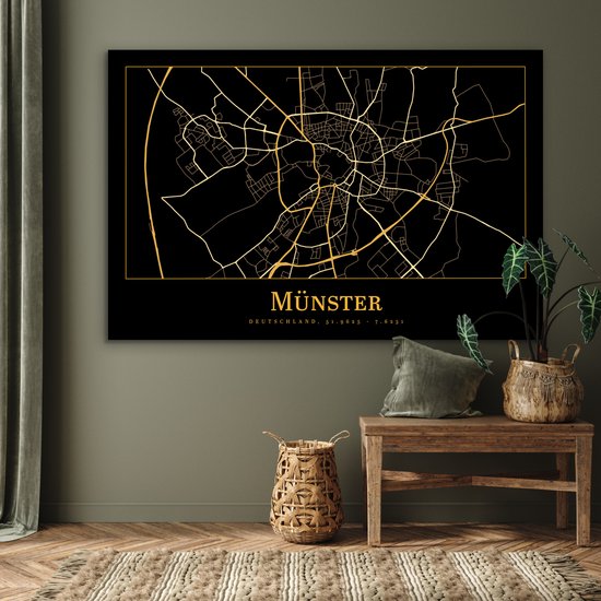 Aluminium schilderij 180x120 cm - Wanddecoratie metaal - Kaart - Münster - Duitsland - Goud - Zwart - Metalen muurdecoratie woonkamer - Decoratie industrieel - Foto op dibond - Industriële accessoires slaapkamer