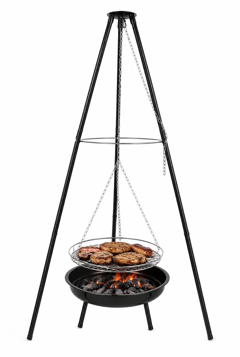 Muntel® BBQ Tripod - Driepoot -Inclusief Pot - Inclusief Rooster - Inclusief Vis Rookplankjes - Inclusief Vuurschaal - 160 x 50 cm