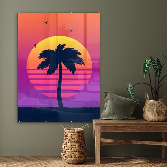 MuchoWow® Peinture sur verre 90x120 cm - Peinture sur verre acrylique - Palmier - Silhouette - Été - Photo sur verre - Peintures