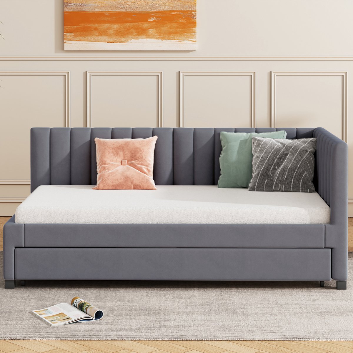 Wishdor Gestoffeerd Slaapbankbed – 90 x 200 cm – Met Uitschuifbed – Mid-Century Modern Fluweel Grijs – Lattenbodem met 20 Latten – Ruimtebesparend 2-in-1 Design – Ideaal voor Tienerkamer of Logeerkamer