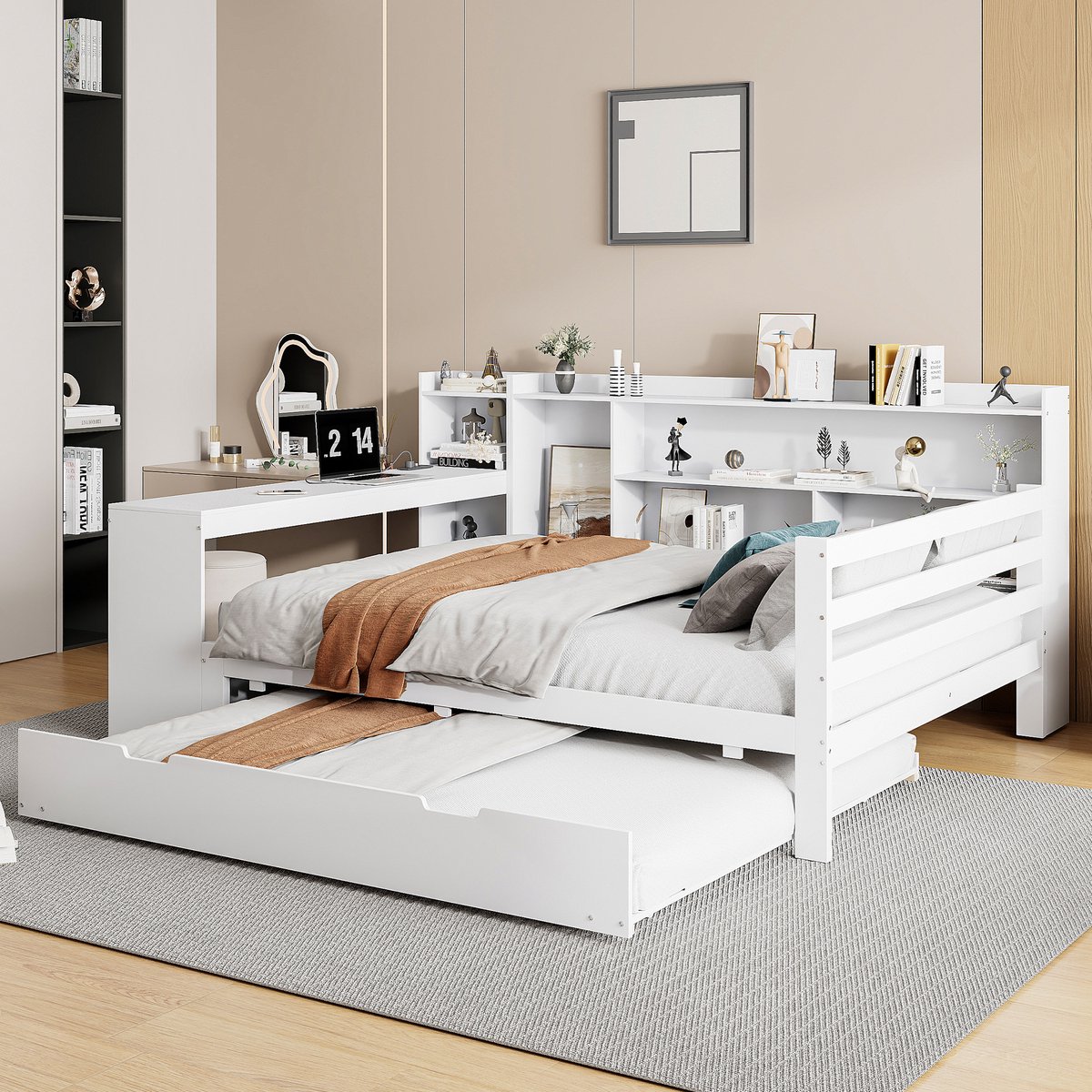 Wishdor Multifunctioneel Bedbank - 140 x 200 cm - Uitschuifbed - Met Bureau en Boekenplanken - Hout Wit - Inclusief Stopcontact en USB - Opbergruimte en Werkplek in Eén - Stabiel tot 150 kg