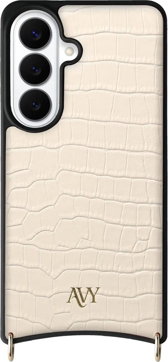 AVY Leren Hoesje Geschikt voor Samsung Galaxy S26 | Compatibel met MagSafe | Leather Case met Telefoonkoord | Polsband | Croco Beige | Cupid Beige