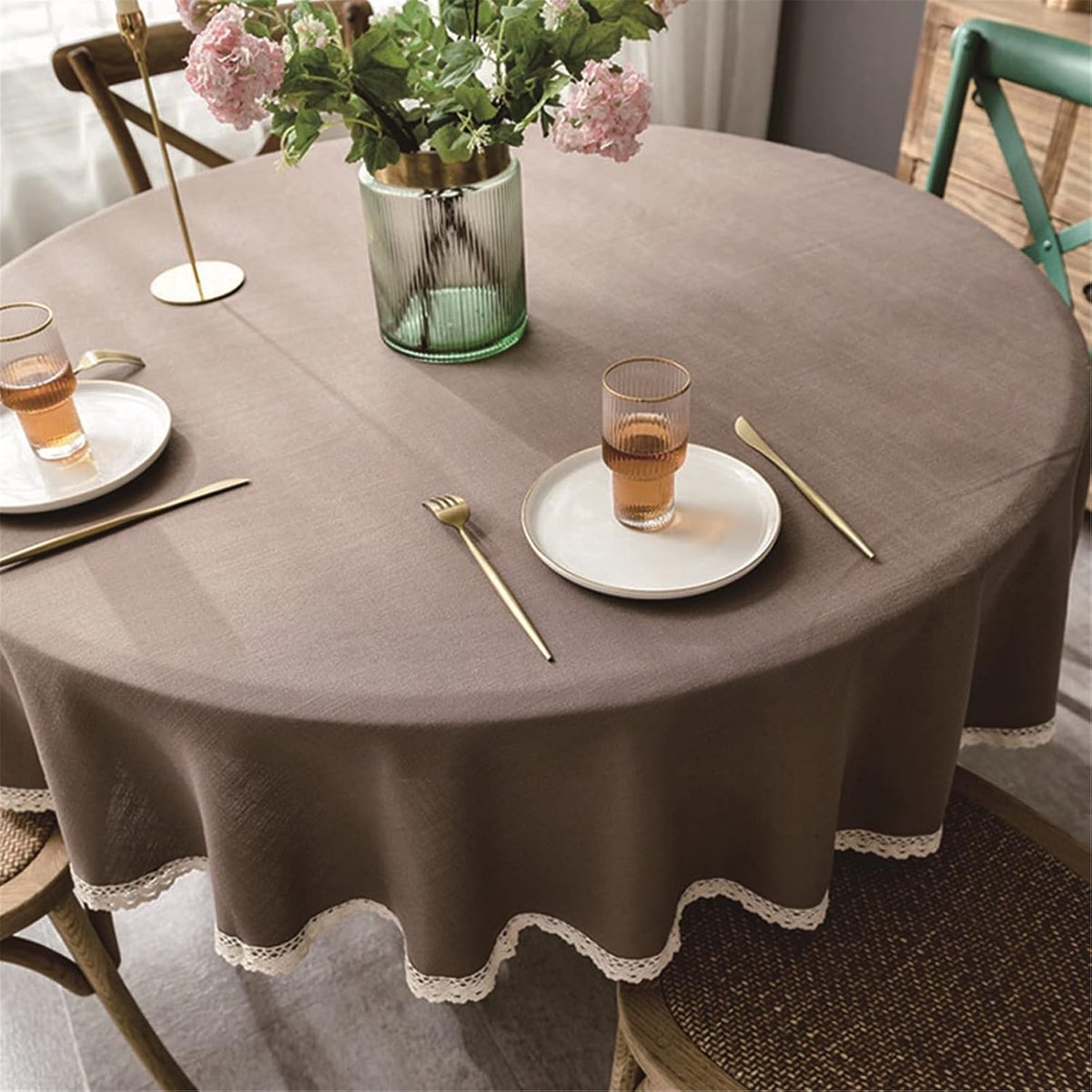 Rond Tafelkleed - Katoen Linnen - Tafel Decoratie - Kant Zoom - Diameter 180cm - Koffie