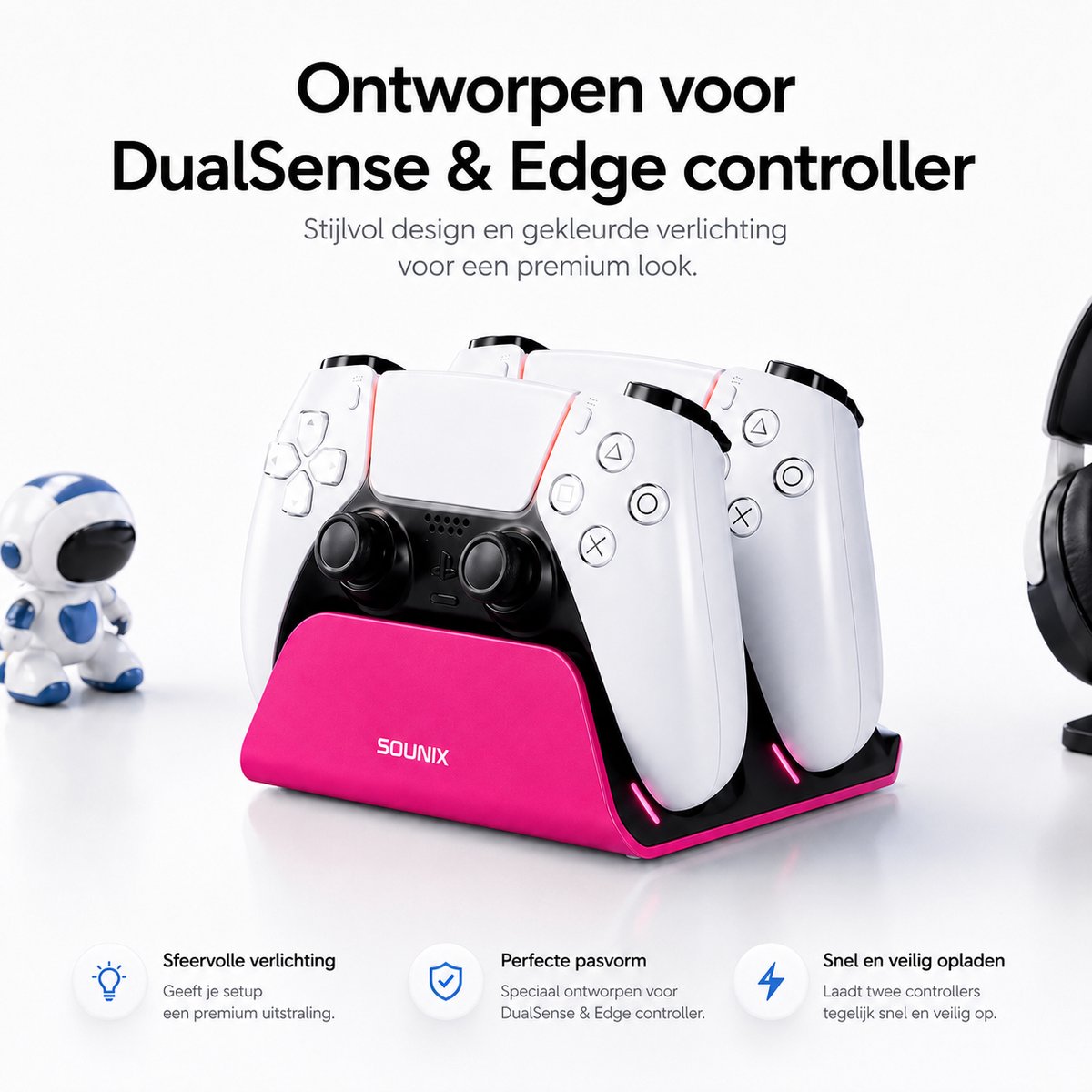 Sounix Oplaadstation geschikt voor PS5 / PS5 Slim / PS5 PRO / DualSense Controller - PS5 accessoires - Dual Oplader - Charging Dock - Roze – foto 3